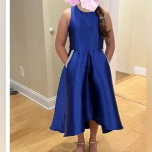 Blue Girls Sz 14 High Low Satin Gown w Rhinestone Pockets
